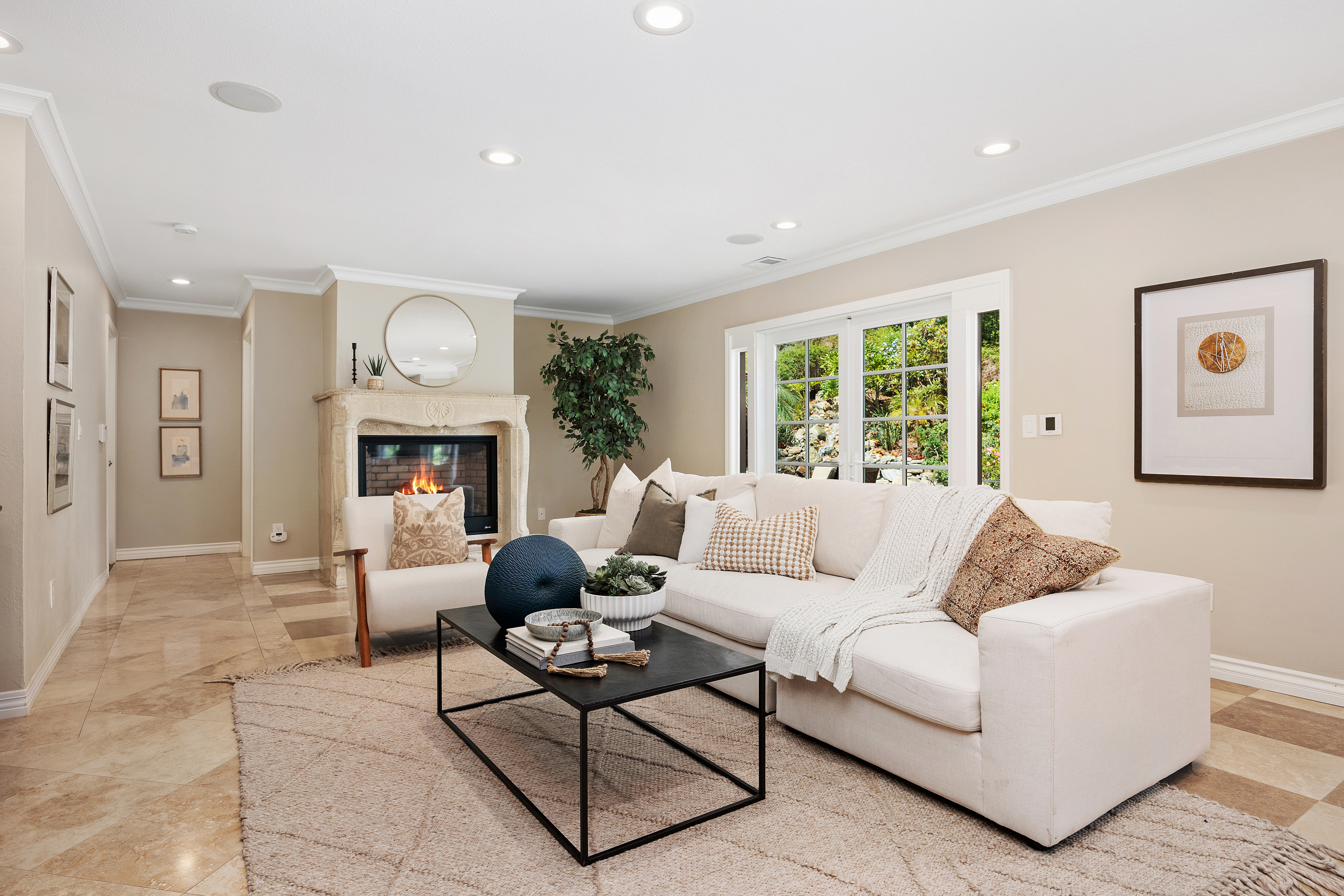Home staging Encinitas living room fireplace
